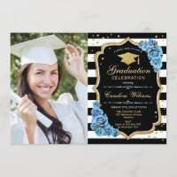Graduation Party With Photo - Gold Blue Flowers