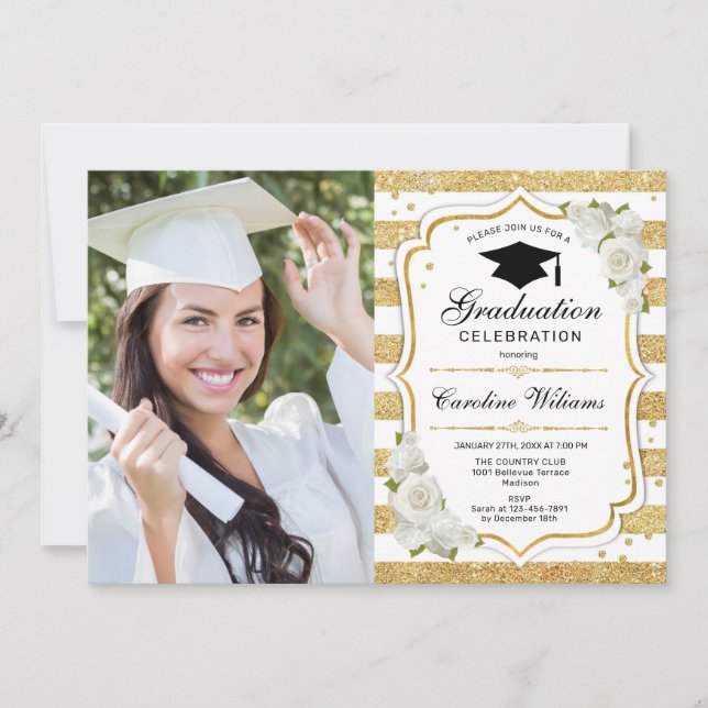 Graduation Party With Photo - Gold White Invitation (Front)