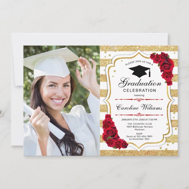 Graduation Party With Photo - Gold White Red Invitation (Front)