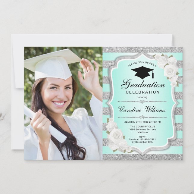 Graduation Party With Photo - Green Silver Invitation (Front)