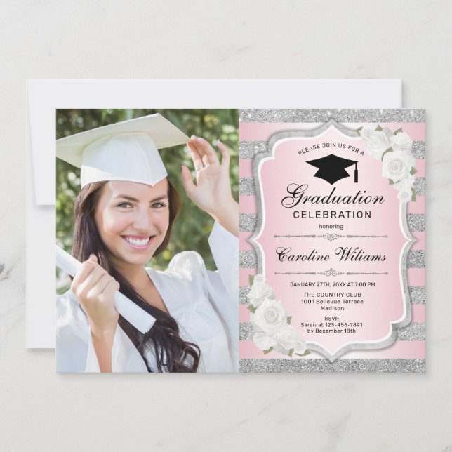 Graduation Party With Photo - Pink Silver Invitation (Front)