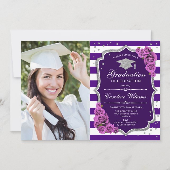 Graduation Party With Photo - Purple Silver Invitation (Front)