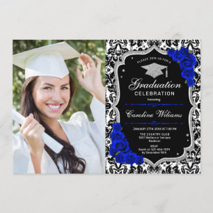 Graduation Party With Photo - Royal Blue Silver Invitation
