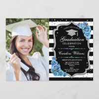 Graduation Party With Photo - Silver Blue Flowers