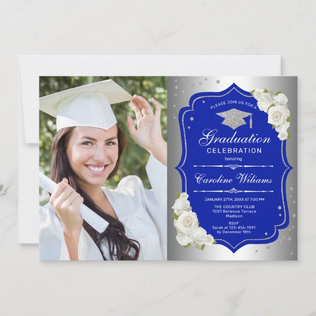 Graduation Party With Photo - Silver Royal Blue Invitation (Front)