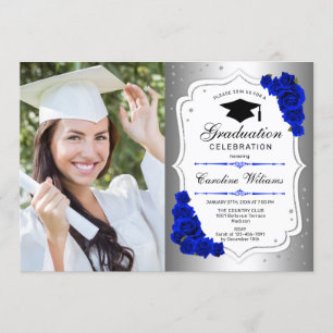 Graduation Party With Photo - Silver Royal Blue Invitation