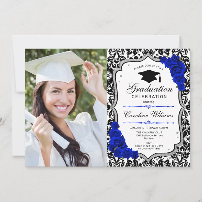 Graduation Party With Photo - Silver Royal Blue Invitation (Front)