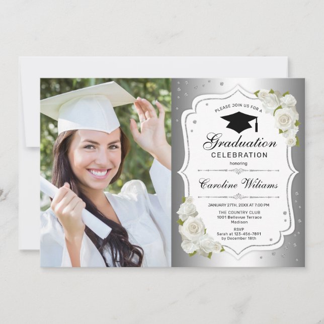 Graduation Party With Photo - Silver White Invitation (Front)