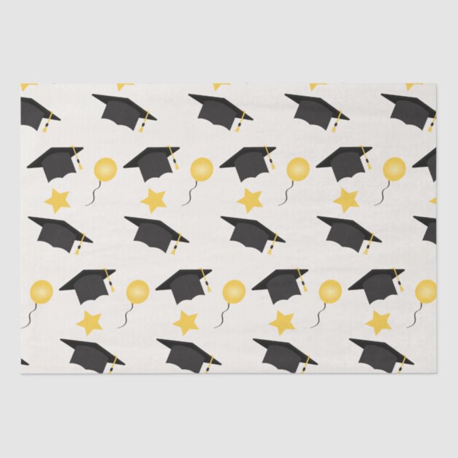 Graduation Pattern Balloons And Stars Yellow Black Tissue Paper (Front)