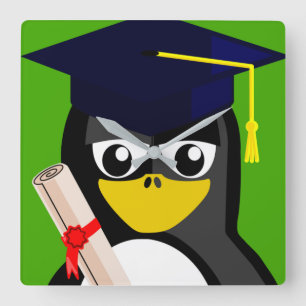 GRADUATION PENGUIN SQUARE WALL CLOCK
