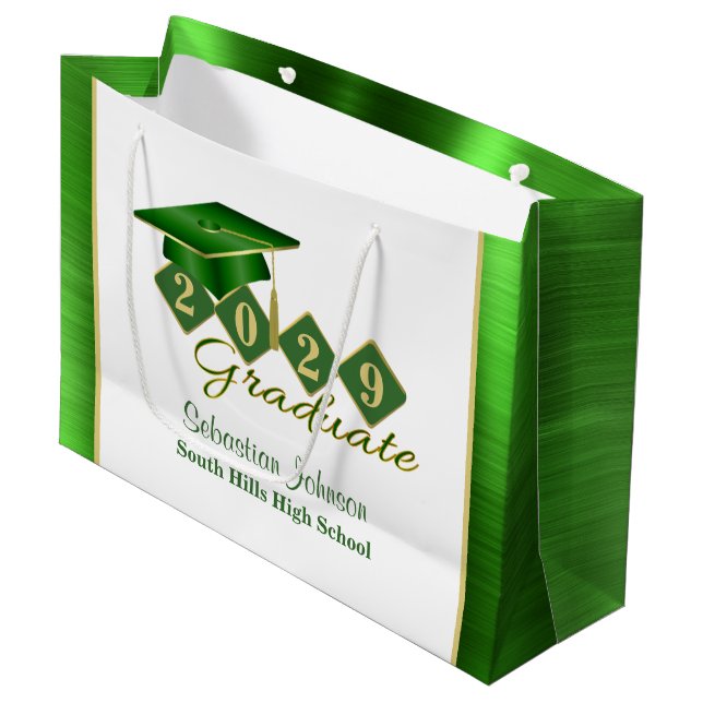 Graduation Personalised Green & Gold Large Gift Bag (Front Angled)
