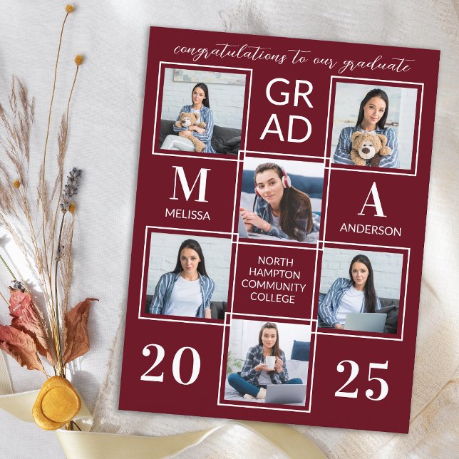 Graduation Personalised Monogram Graduate 6 Photo Invitation Postcard (Creator Uploaded)