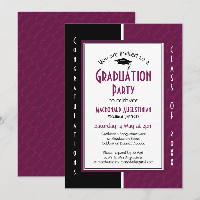 GRADUATION Personalised Mulberry Black Graduate Invitation (Front/Back)
