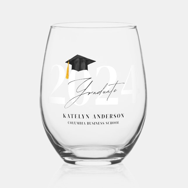 Graduation Personalised Name School Year Graduate Stemless Wine Glass (Front)