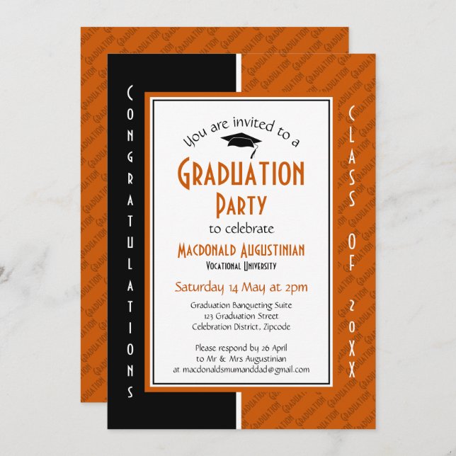 GRADUATION Personalised Orange Black Graduate Invitation (Front/Back)