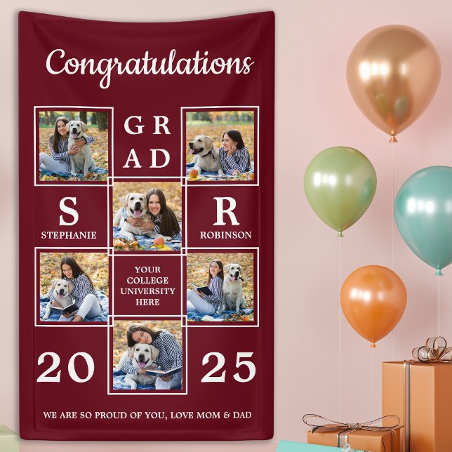 Graduation Personalised Photo Collage Burgundy Banner (Creator Uploaded)