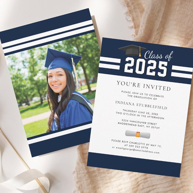 Graduation Photo 2025 Navy Blue Grad Party Invitation (Graduation Photo 2025 Navy Blue Grad Party Invitation)