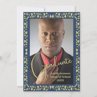 Graduation Photo Announcement Blue and Gold Ivy