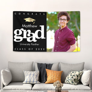 Graduation photo black gold cap bold modern simple banner