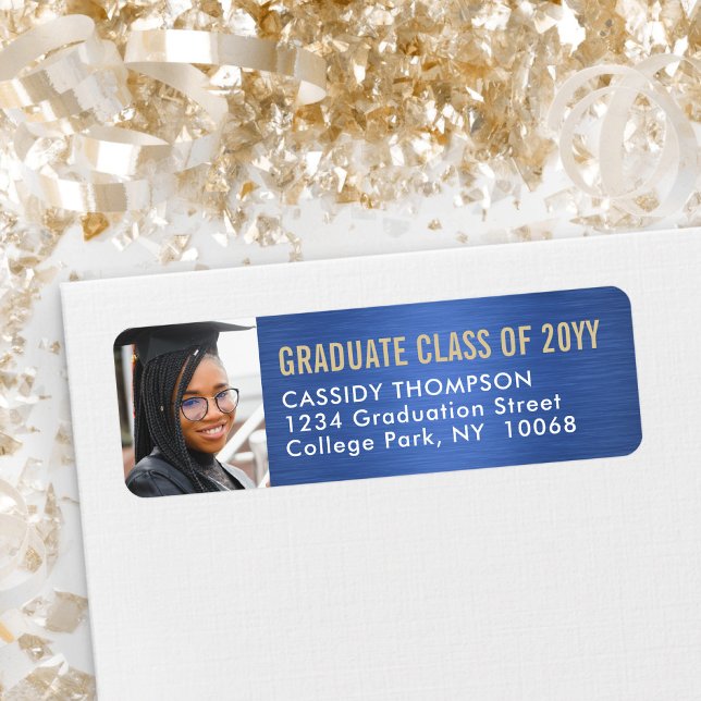 Graduation Photo Blue Gold & White Return Address (Creator Uploaded)