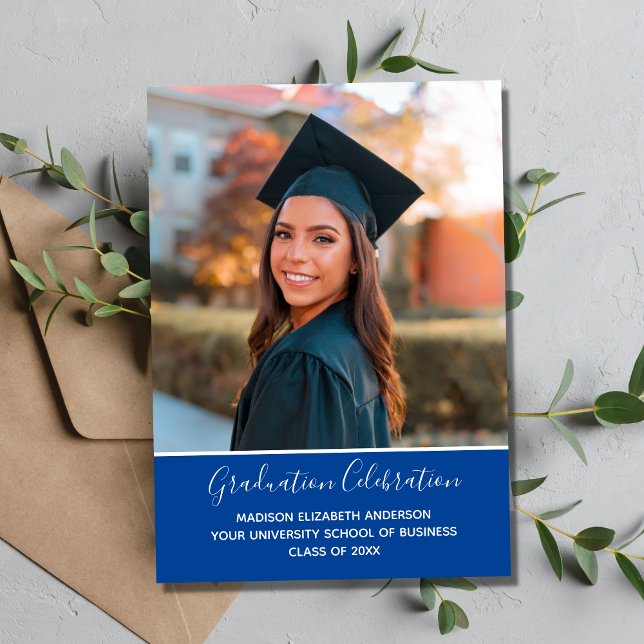 Graduation Photo Blue White College Graduation Invitation (Creator Uploaded)