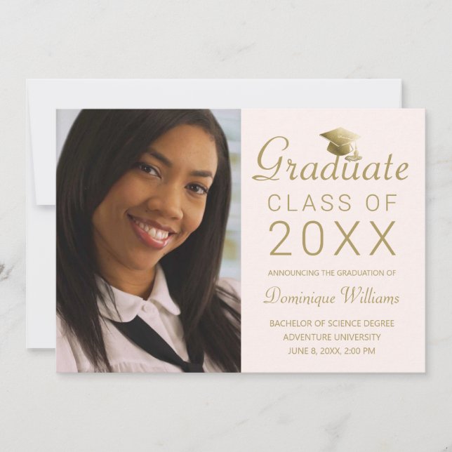 Graduation Photo Blush Gold Grad Cap Script 2023 Announcement (Front)