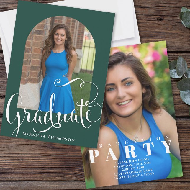 Graduation Photo Calligraphy Script Dark Green Invitation (Creator Uploaded)