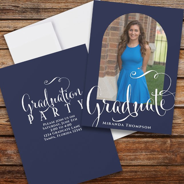 Graduation Photo Calligraphy Script Navy Blue  Invitation (Creator Uploaded)