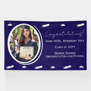 Graduation Photo & Cap, Diploma Congrats Dark Blue Banner