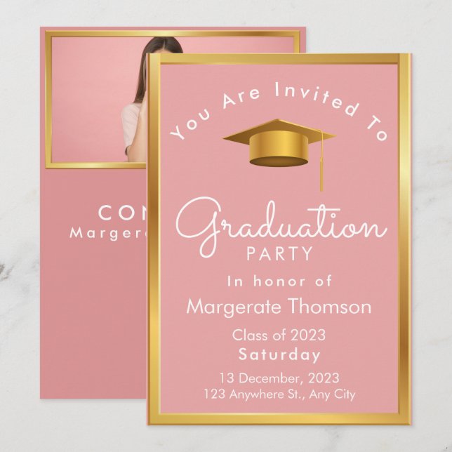 Graduation photo chic simple modern pink  invitation (Front/Back)