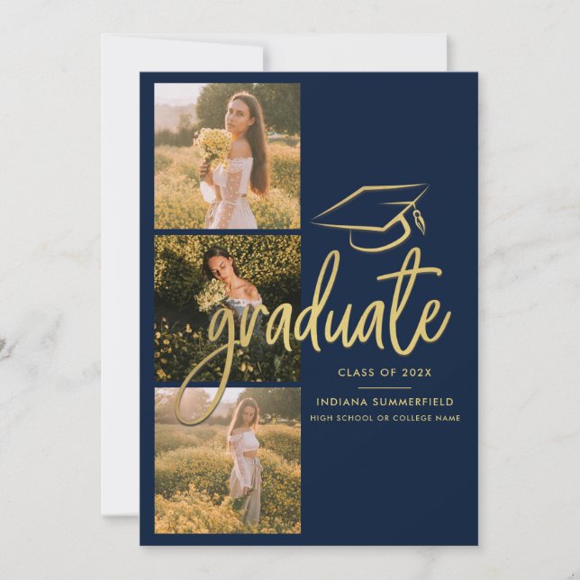 Graduation Photo Collage 2025 Grad Navy Blue Announcement (Front)
