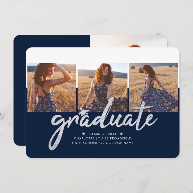 Graduation Photo Collage 2025 Navy Blue Grad Announcement (Front/Back)