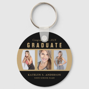 Graduation Photo Collage Black and Gold Custom Key Ring