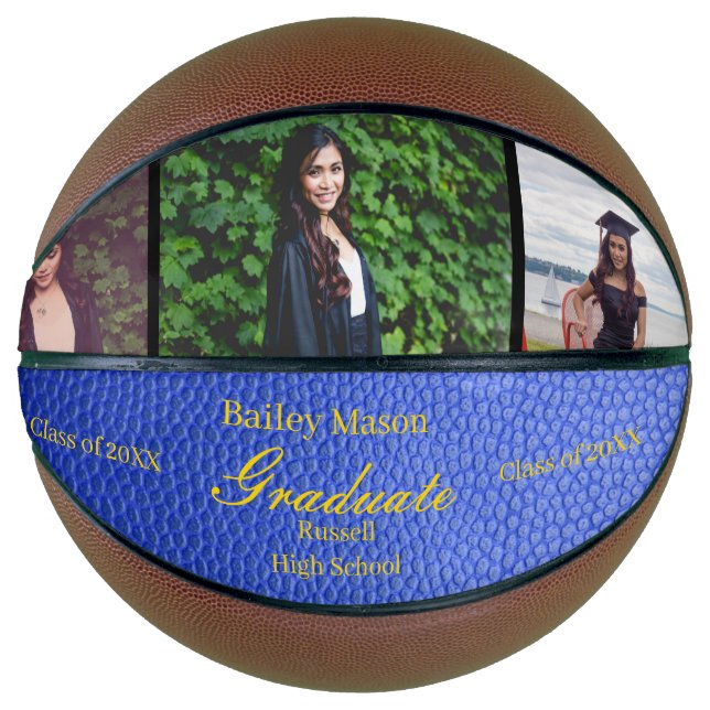  Graduation Photo Collage Blue Leather Basketball (Front)