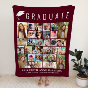 Graduation Photo Collage Burgundy Fleece Blanket
