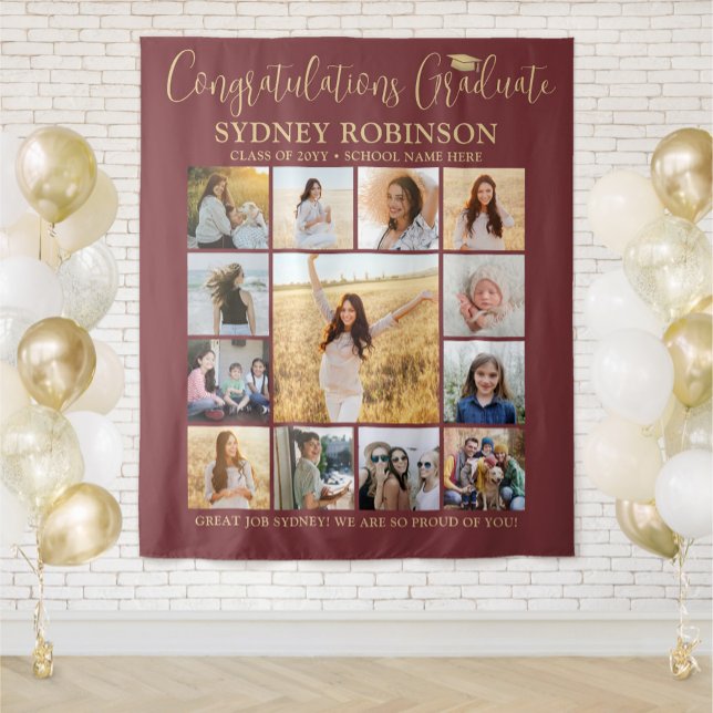 Graduation Photo Collage Burgundy & Gold Backdrop Tapestry (Creator Uploaded)