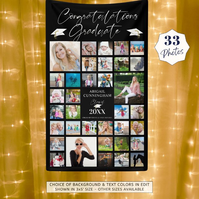 Graduation Photo Collage Chic Script Black Banner (Creator Uploaded)