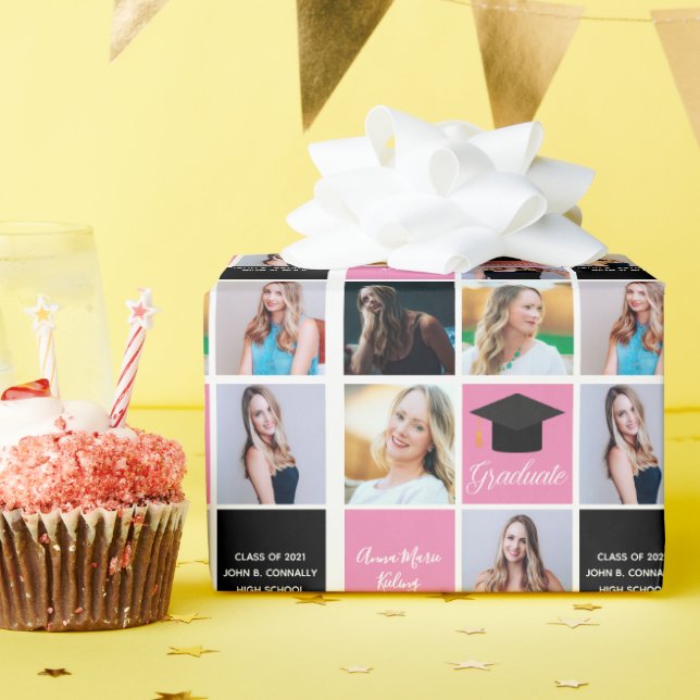 Graduation Photo Collage Class of 2021 Chic Pink  Wrapping Paper (Birthday Party)