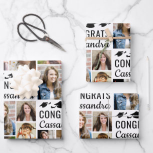 Graduation Photo Collage CONGRATS Name 7 Photos Wrapping Paper Sheet