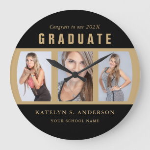 Graduation Photo Collage Congratulations Black and Large Clock