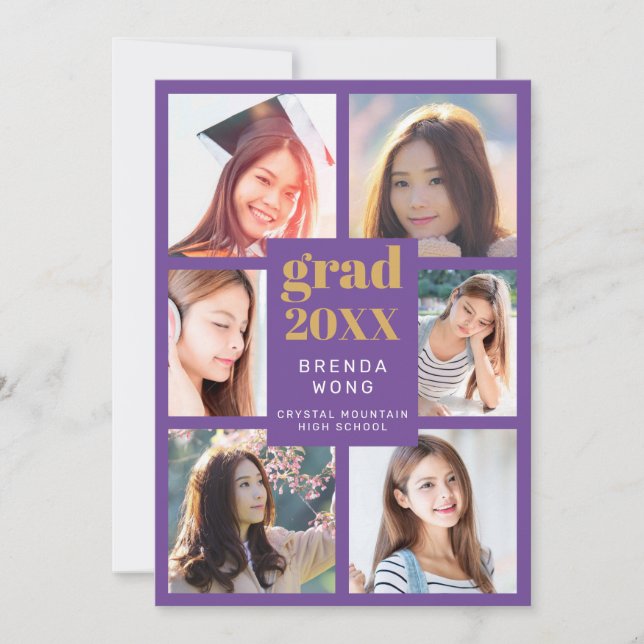 Graduation Photo Collage Gold White Script Purple Announcement (Front)
