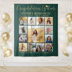 Graduation Photo Collage Green and Gold Backdrop Tapestry
