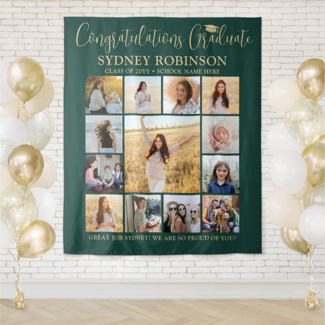 Graduation Photo Collage Green and  Gold Backdrop Tapestry (Creator Uploaded)