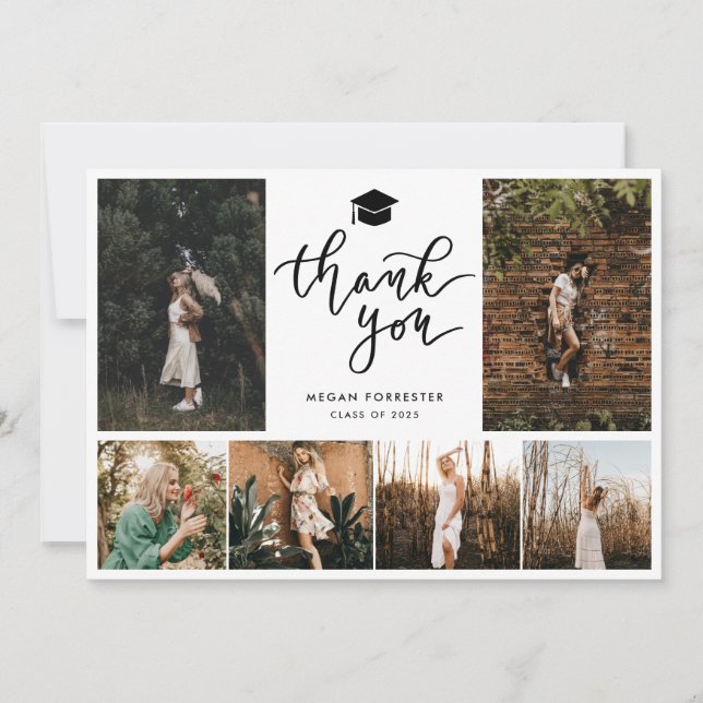 Graduation Photo Collage Modern Thank You Script Card (Front)