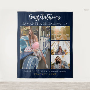 Graduation Photo Collage Navy Blue 2026 Backdrop Tapestry