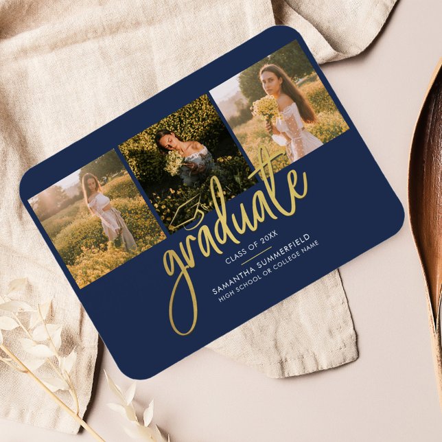 Graduation Photo Collage Navy Gold Announcement Magnet (Graduation 2025 Announcement Photo Collage Card)