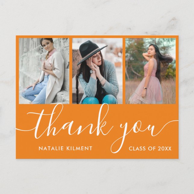 Graduation Photo Collage Orange Thank You Postcard (Front)