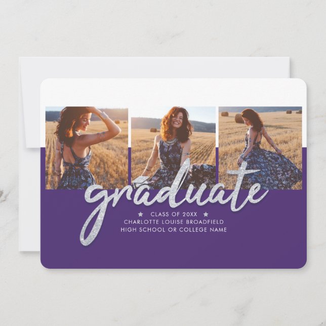 Graduation Photo Collage Purple Silver Script Announcement (Front)