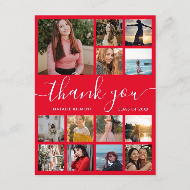 Graduation Photo Collage Red Thank You Postcard (Front)