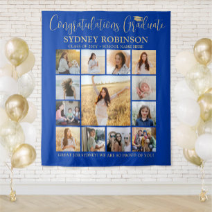 Graduation Photo Collage Royal Blue Gold Backdrop Tapestry